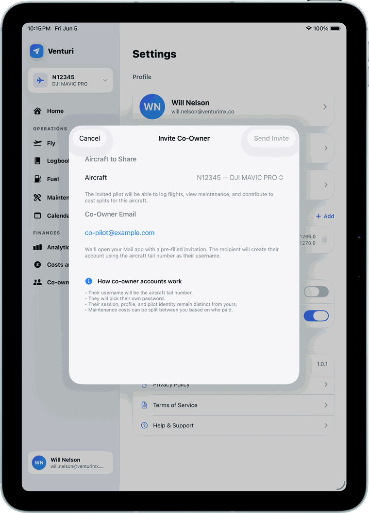 Invite co-owner screen on iPad