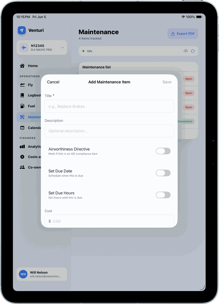 Add maintenance item on iPad