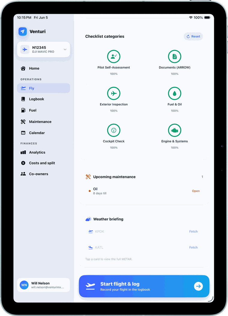 Pre-flight detail and start flight on iPad